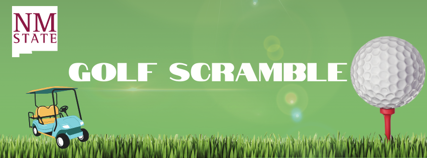 Green background with Golf Scramble title, NM state logo and a golf cart and golf ball on grass